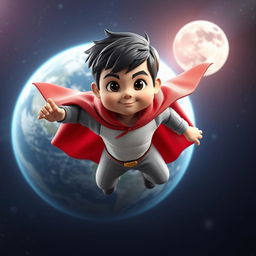 A 3D superhero mascot designed for a website, depicting a young boy approximately 3 years old with short black hair and a muscular build