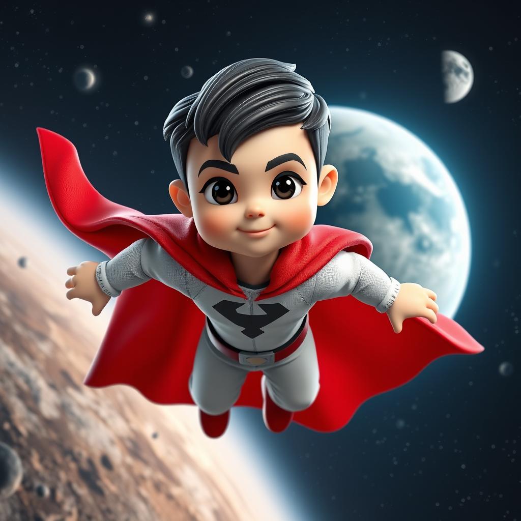 A 3D superhero mascot designed for a website, depicting a young boy approximately 3 years old with short black hair and a muscular build