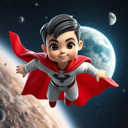 A 3D superhero mascot designed for a website, depicting a young boy approximately 3 years old with short black hair and a muscular build