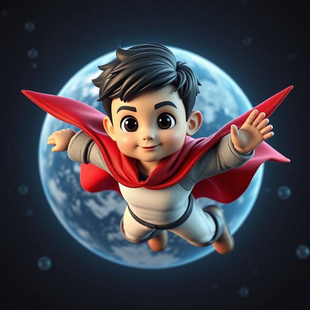 A 3D superhero mascot designed for a website, depicting a young boy approximately 3 years old with short black hair and a muscular build