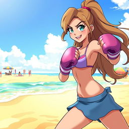 A dynamic scene featuring a character named Lapis, wearing a stylish bikini, engaging in boxing on a sunny beach