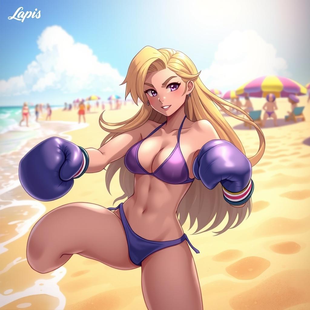 A dynamic scene featuring a character named Lapis, wearing a stylish bikini, engaging in boxing on a sunny beach