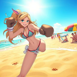 A dynamic scene featuring a character named Lapis, wearing a stylish bikini, engaging in boxing on a sunny beach
