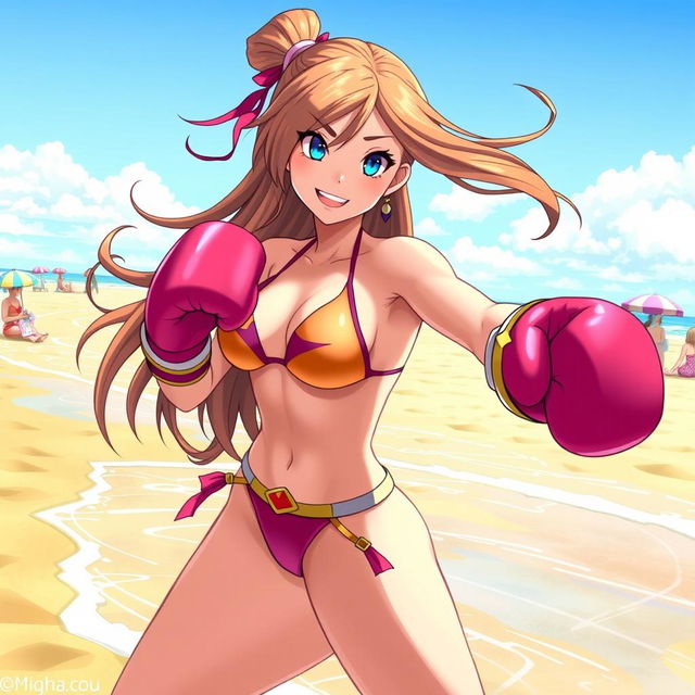 A dynamic scene featuring a character named Lapis, wearing a stylish bikini, engaging in boxing on a sunny beach