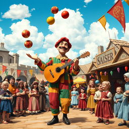 A whimsical scene of a juggler performing at a medieval fair, wearing colorful, patchwork clothing