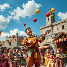 A whimsical scene of a juggler performing at a medieval fair, wearing colorful, patchwork clothing
