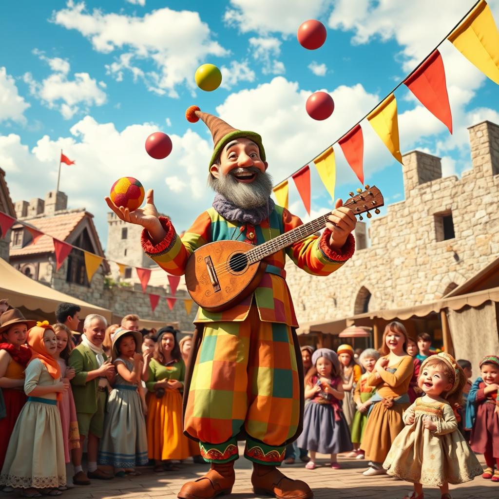 A whimsical scene of a juggler performing at a medieval fair, wearing colorful, patchwork clothing