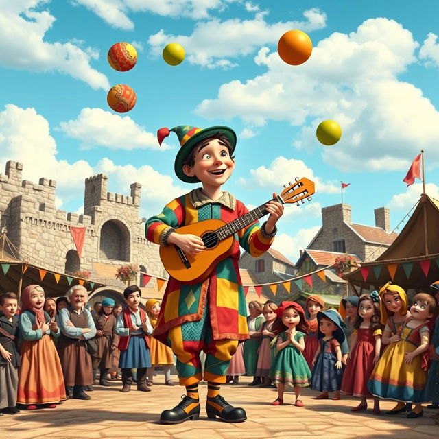 A whimsical scene of a juggler performing at a medieval fair, wearing colorful, patchwork clothing