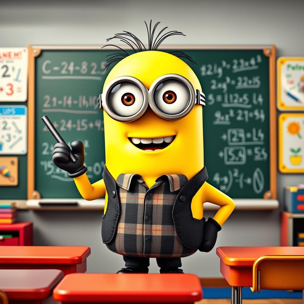 An adorable, anthropomorphic yellow Minion teacher, wearing round glasses, a plaid shirt, and a black vest, enthusiastically standing in front of a chalkboard filled with colorful math equations and drawings