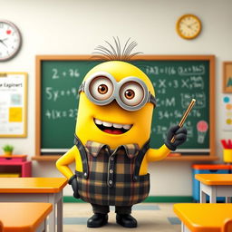 An adorable, anthropomorphic yellow Minion teacher, wearing round glasses, a plaid shirt, and a black vest, enthusiastically standing in front of a chalkboard filled with colorful math equations and drawings