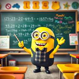 An adorable, anthropomorphic yellow Minion teacher, wearing round glasses, a plaid shirt, and a black vest, enthusiastically standing in front of a chalkboard filled with colorful math equations and drawings