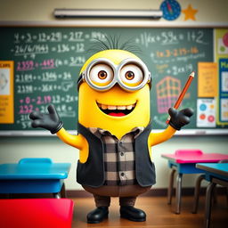 An adorable, anthropomorphic yellow Minion teacher, wearing round glasses, a plaid shirt, and a black vest, enthusiastically standing in front of a chalkboard filled with colorful math equations and drawings