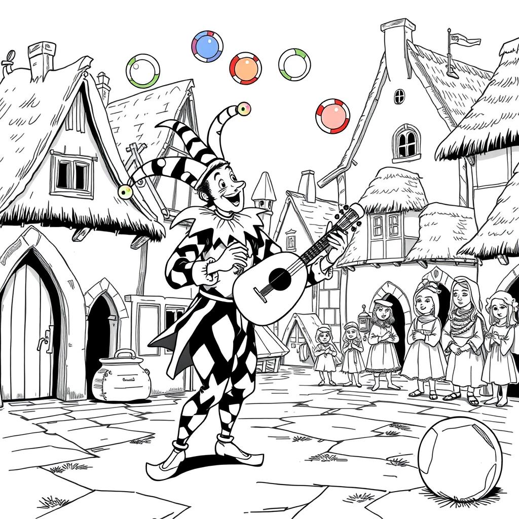 A whimsical scene of a jovial juggler performing in a medieval village