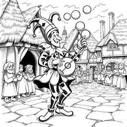 A whimsical scene of a jovial juggler performing in a medieval village