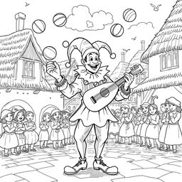 A whimsical scene of a jovial juggler performing in a medieval village
