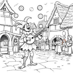 A whimsical scene of a jovial juggler performing in a medieval village