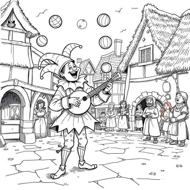 A whimsical scene of a jovial juggler performing in a medieval village