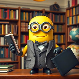 A scholarly-looking Minion teacher, holding a large book in one hand and a sleek black briefcase in the other