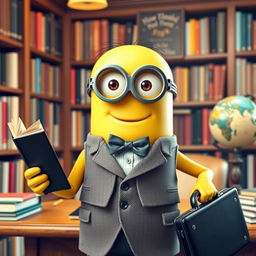 A scholarly-looking Minion teacher, holding a large book in one hand and a sleek black briefcase in the other