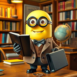 A scholarly-looking Minion teacher, holding a large book in one hand and a sleek black briefcase in the other