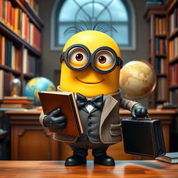 A scholarly-looking Minion teacher, holding a large book in one hand and a sleek black briefcase in the other