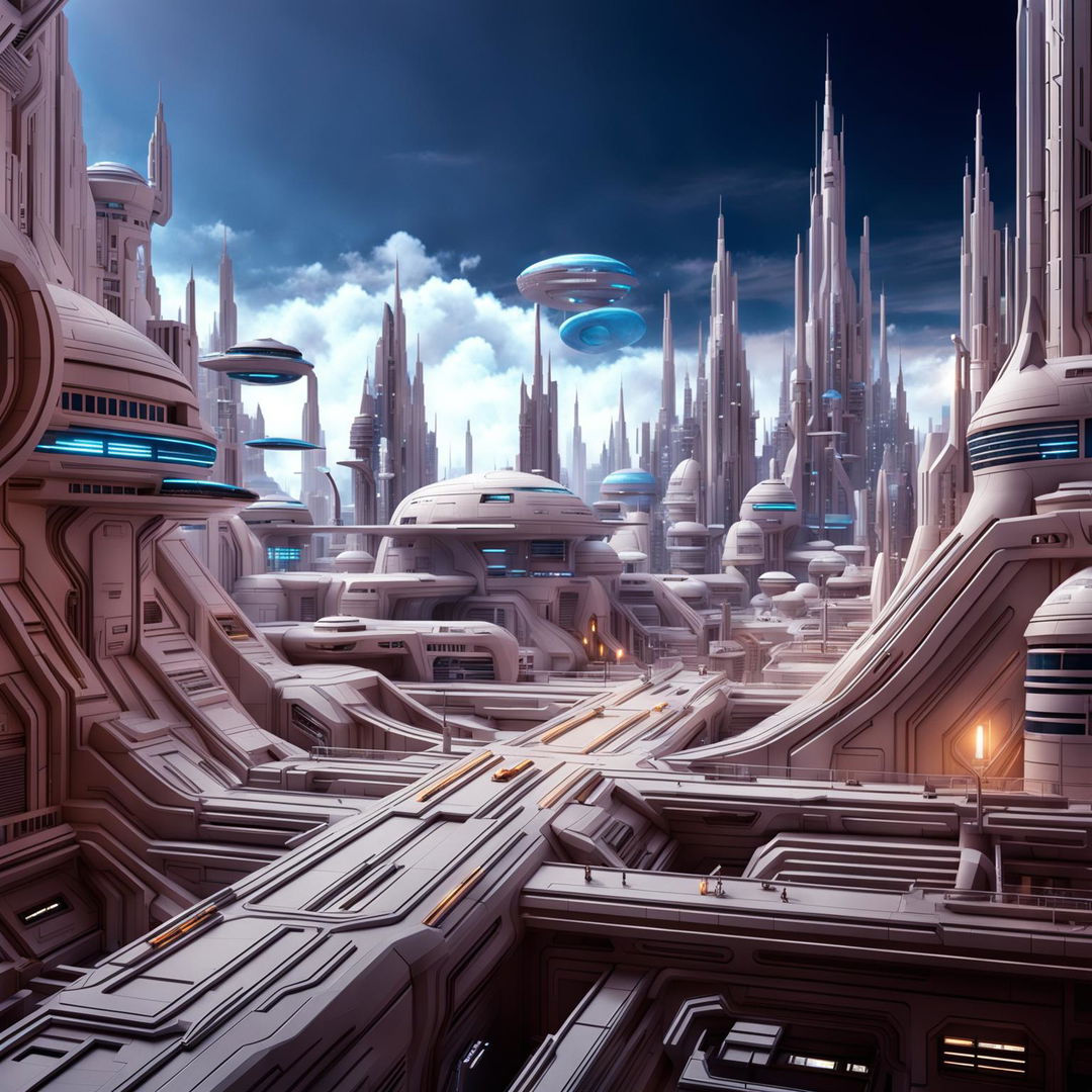 A high-quality 3D render in Cinema 4D of a cityscape inspired by the world of Star Trek