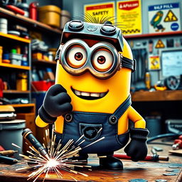 A lively yellow Minion wearing a welding mask and gloves, actively engaged in the process of welding