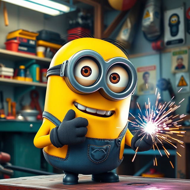 A lively yellow Minion wearing a welding mask and gloves, actively engaged in the process of welding