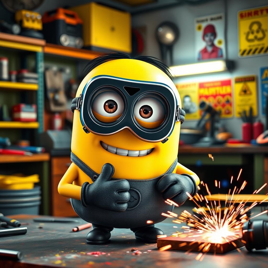 A lively yellow Minion wearing a welding mask and gloves, actively engaged in the process of welding