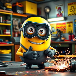 A lively yellow Minion wearing a welding mask and gloves, actively engaged in the process of welding