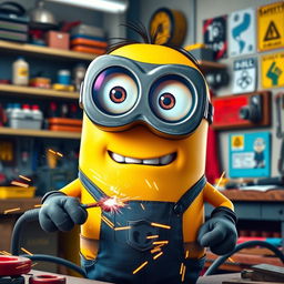 A lively yellow Minion wearing a welding mask and gloves, actively engaged in the process of welding