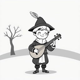 A whimsical and cute depiction of a minstrel playing a lute in a medieval setting