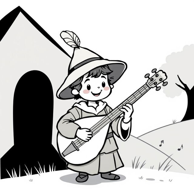 A whimsical and cute depiction of a minstrel playing a lute in a medieval setting