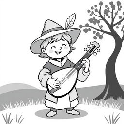 A whimsical and cute depiction of a minstrel playing a lute in a medieval setting
