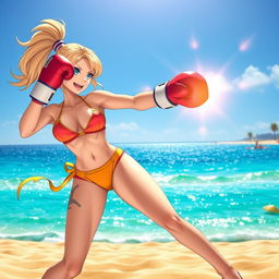 An action-packed scene featuring Ann Takamaki from Persona 5 on a sunny beach, engaged in a lively boxing match
