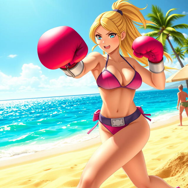 An action-packed scene featuring Ann Takamaki from Persona 5 on a sunny beach, engaged in a lively boxing match