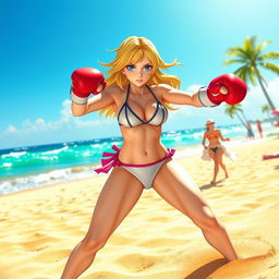 An action-packed scene featuring Ann Takamaki from Persona 5 on a sunny beach, engaged in a lively boxing match
