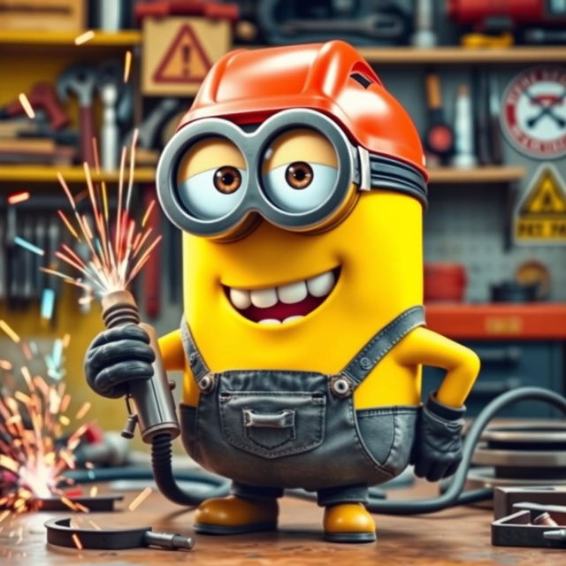 A cheerful yellow Minion holding a welding machine, equipped with a bright red welding helmet and protective gear