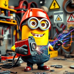 A cheerful yellow Minion holding a welding machine, equipped with a bright red welding helmet and protective gear