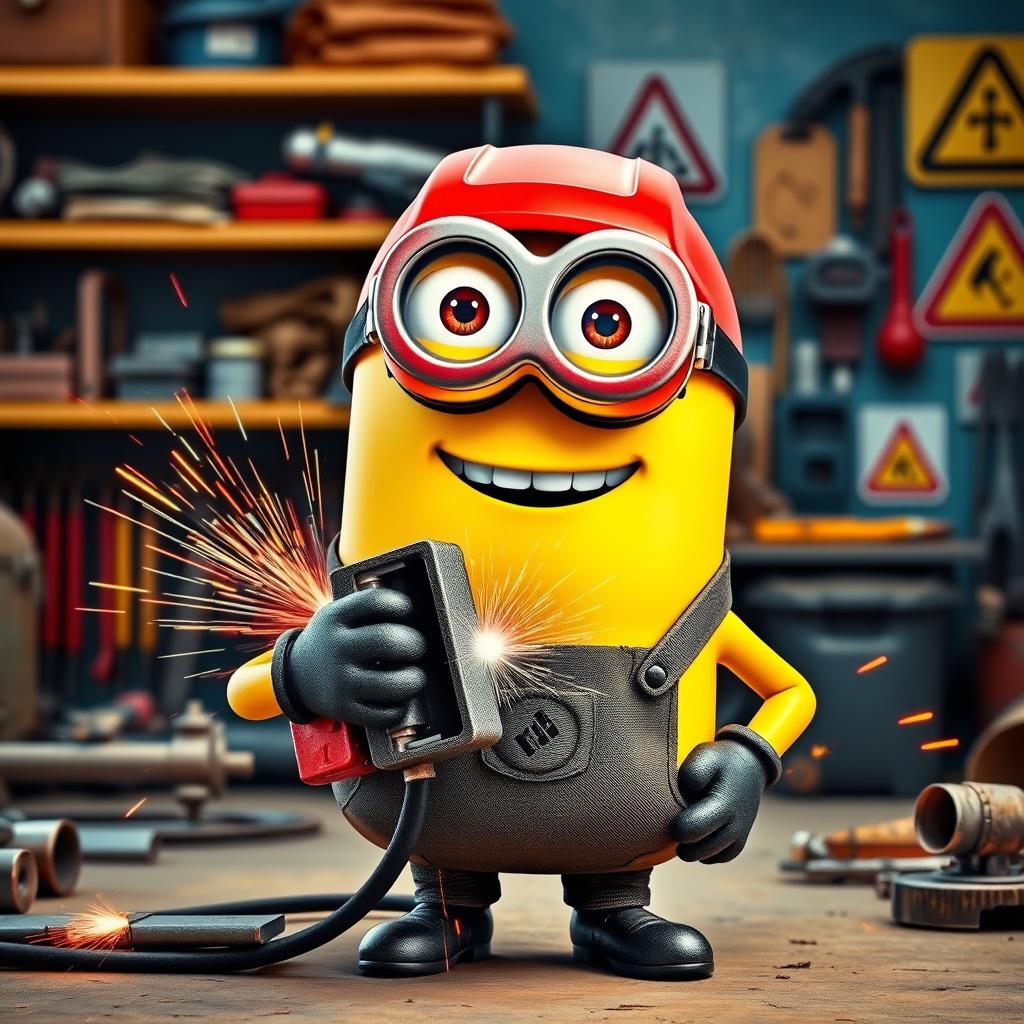 A cheerful yellow Minion holding a welding machine, equipped with a bright red welding helmet and protective gear