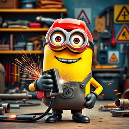 A cheerful yellow Minion holding a welding machine, equipped with a bright red welding helmet and protective gear
