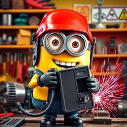 A cheerful yellow Minion holding a welding machine, equipped with a bright red welding helmet and protective gear