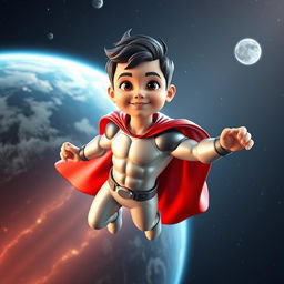 A 3D superhero mascot designed for a website, featuring a young boy around 3 years old with short black hair and a muscular build, including a six-pack