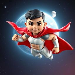 A 3D superhero mascot designed for a website, featuring a young boy around 3 years old with short black hair and a muscular build, including a six-pack