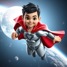 A 3D superhero mascot designed for a website, featuring a young boy around 3 years old with short black hair and a muscular build, including a six-pack