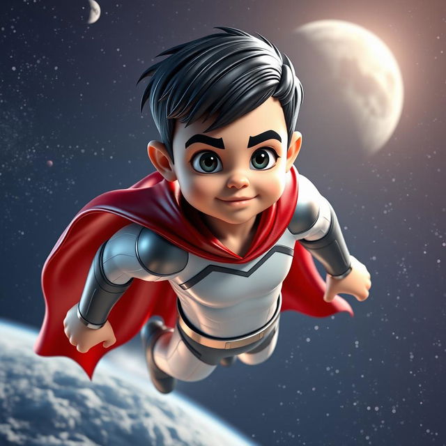 A 3D superhero mascot designed for a website, featuring a young boy around 3 years old with short black hair and a muscular build, including a six-pack