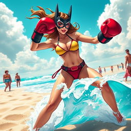 A dynamic and playful scene featuring a female superhero inspired by Batwoman at the beach, wearing a stylish bikini and boxing gloves