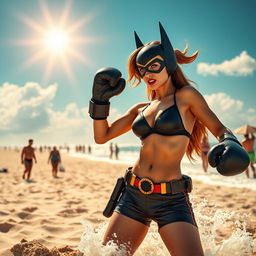 A dynamic and playful scene featuring a female superhero inspired by Batwoman at the beach, wearing a stylish bikini and boxing gloves