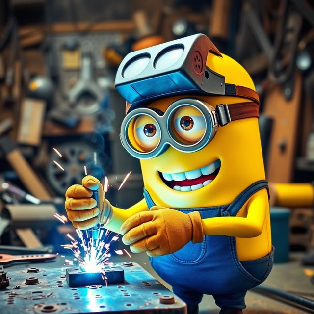 A lively yellow Minion confidently operating a welding machine, welding a metal piece with bright sparks flying