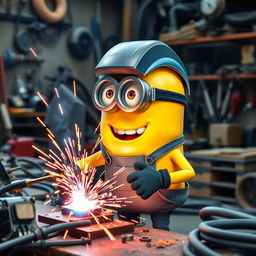 A lively yellow Minion confidently operating a welding machine, welding a metal piece with bright sparks flying